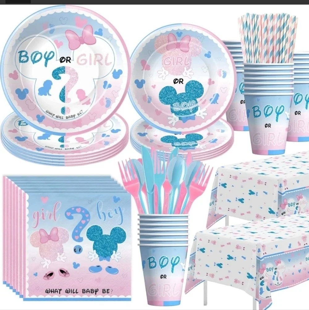 New Gender Reveal babyshower party supplies cups, plates boy girl 194 pcs